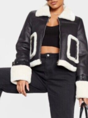 PrettyLittleThing Black Borg Faux Leather Jacket with Cream Shearling Trim Sz 3X